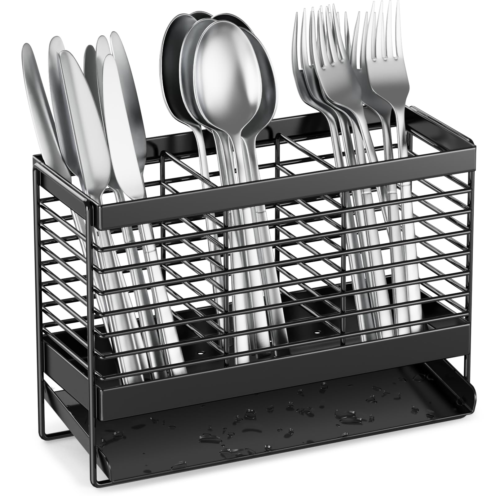 Photo 1 of IWNTWY Utensil Holder, Upgrade Stainless Steel Utensil Drying Rack with Automatic Drain Tray for Kitchen Counter, Silverware Cutlery Organizer for Spoons, Forks, Knifes, Chopsticks (Black)