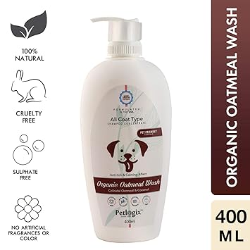 Petlogix Natural & Organic Oatmeal Wash Shampoo for Pet Dogs & Puppies Anti Itch Cleanser with Coconut & Aloevera Mineral Oil, SLS & Paraben Free, 400ml