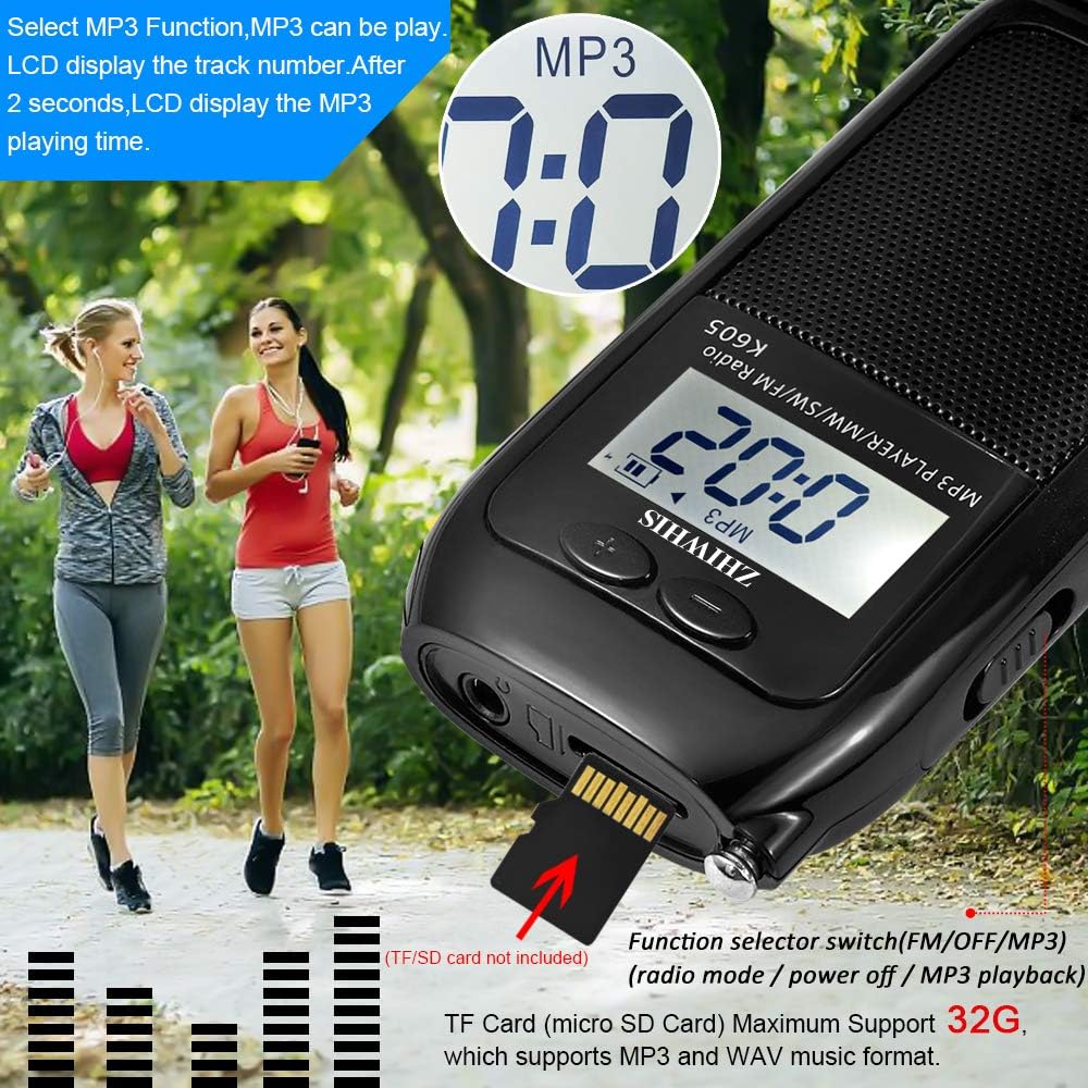 ZHIWHIS Portable Radio,FM AM SW Transistor Radio Stereo LCD Digital Display Pocket Walkmen Radio MP3 WAV Player Support TF Card Rechargeable with Shutdown Memory: Home Audio & Theater