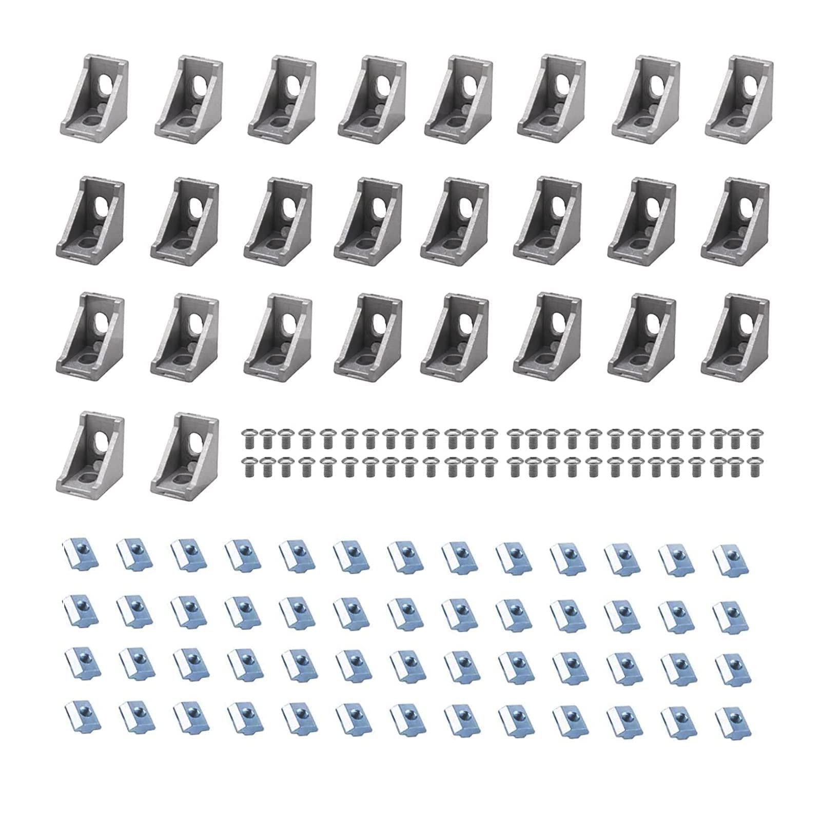 iMetrx 26Pcs 2020 Corner Brackets Set with 52Pcs M5 T Slot Nuts, 52Pcs M5x8mm Hex Socket Cap Screw and 2Pcs M3 Wrench for 2020 Series Aluminum Extrusion Profile Silver — image 1