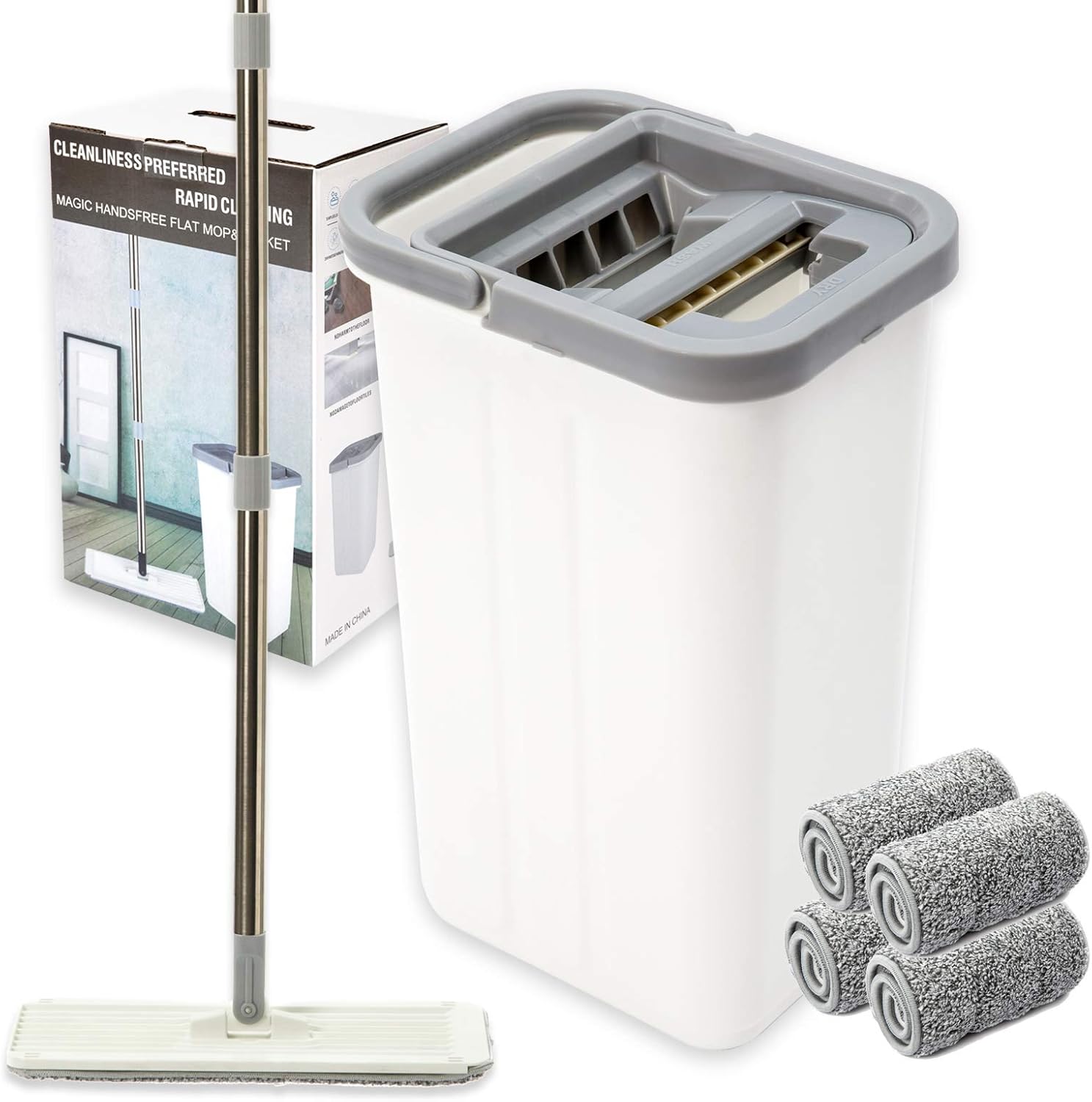 HTKMOS Microfiber Floor Flat Mop and Bucket Set -Flat Squeeze Mop,Cleaning Mop System 4 Washable & Reusable Microfiber Pads Included for Stainless Steel Handle Wet and Dry