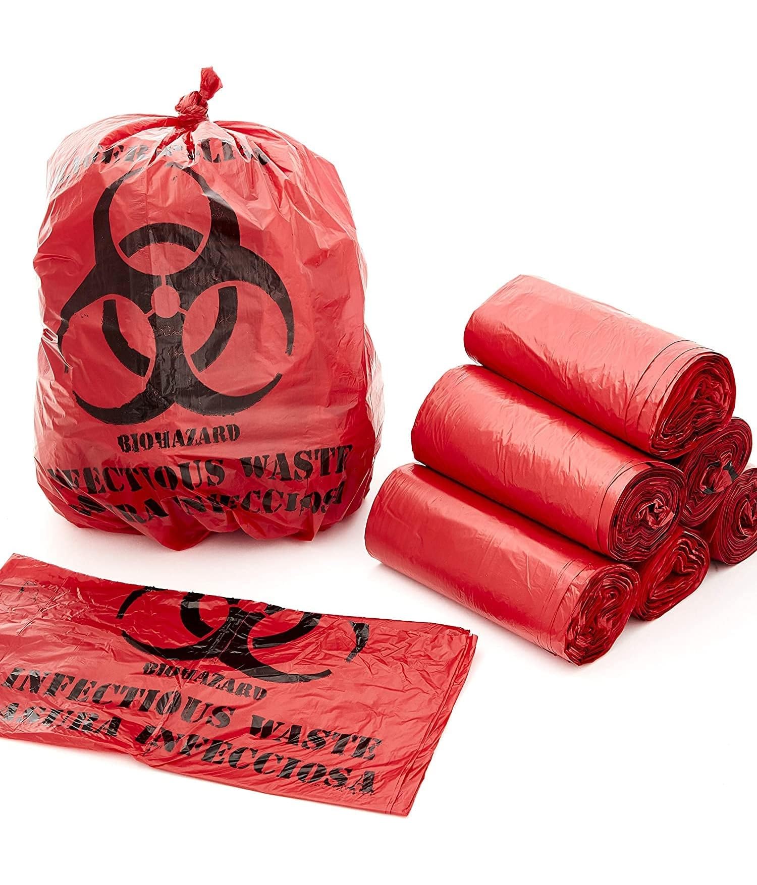Photo 1 of Bits N Things Infectious Biohazard Waste Bags Hazardous Trash Can Liners | Medical Grade No Leak Bags | Great for Lab Containers, Swabs, Pads, Gloves | (Red, 100 Count - 17" x 18" (7 Gallon))