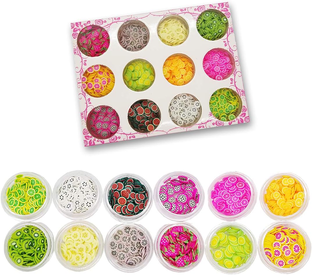 Fruit Slices 12 Pack - Assortment Fimo Slime Supplies Filler Decorations Nail Art Add Ins Accessories DIY Slime Making Polymer Clay Kit Maker Ingredients Set Bulk Homemade Jars Box Variety for Kids