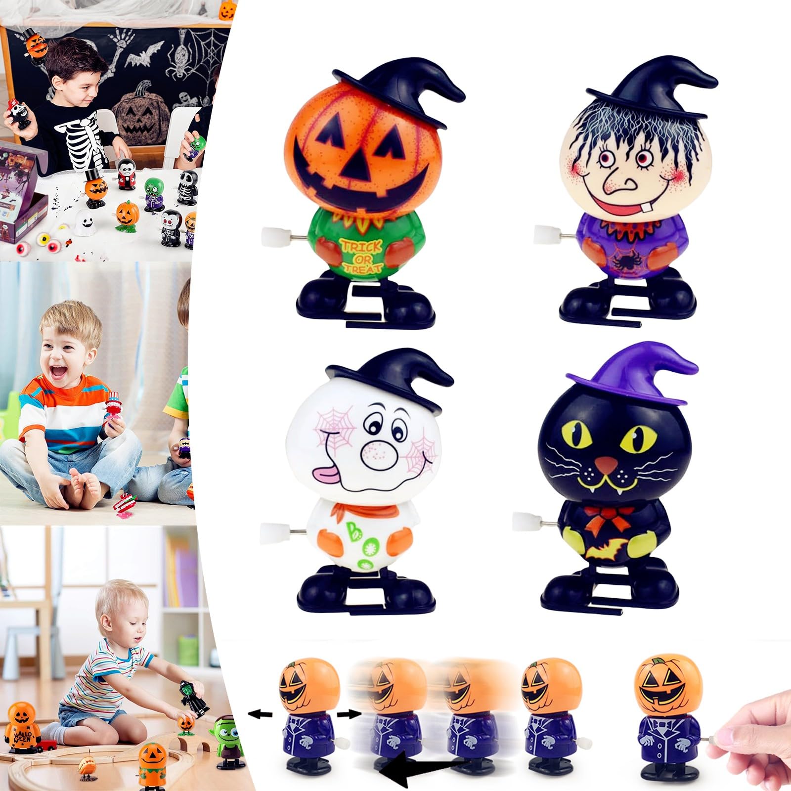 4Pcs Halloween Cat Pumpkin Wind Up Toys for Kids - Funny Jumping and Walking Clockwork Novelty Toys for Trick or Treat Goody Bag Fillers and Party