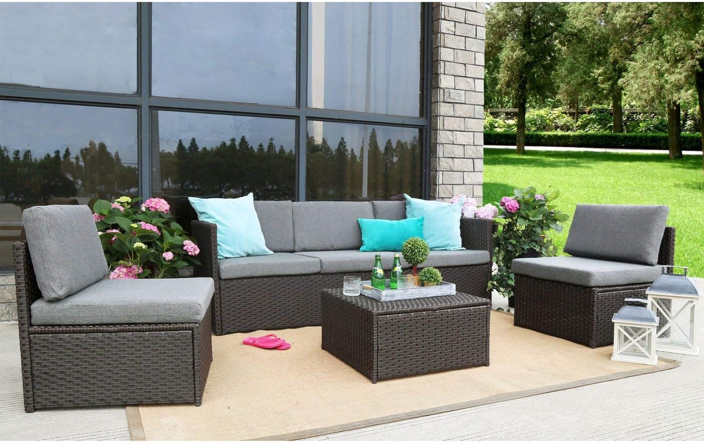 Baner Garden K16CH 4 Piece Complete Outdoor Furniture Seating Patio Resin Wicker Rattan Garden Steel Set with Cushions, Chocolate