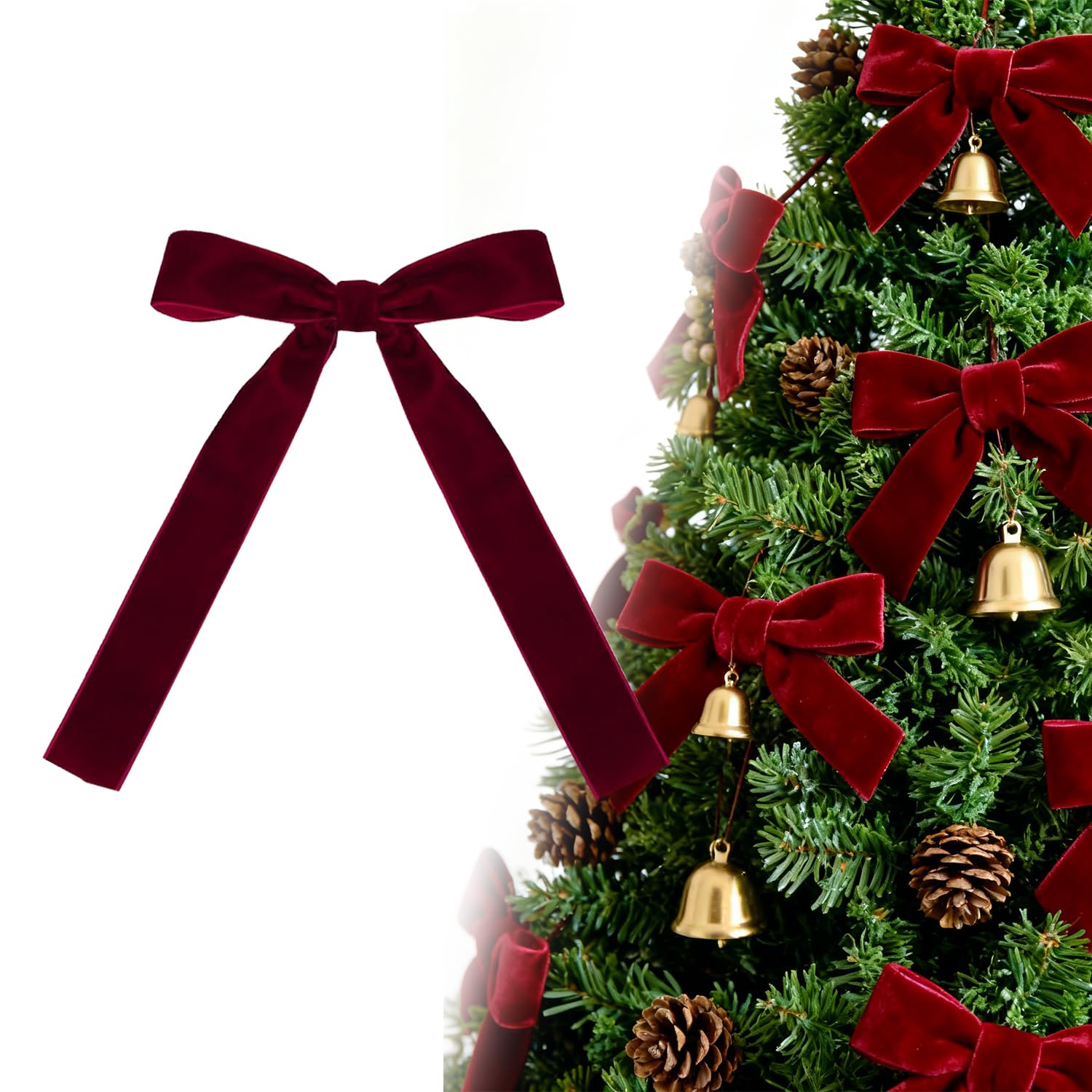 Photo 1 of 24 PCS Red Velvet Bows for Christmas Tree, Red Velvet Bows with Gold Ties, for Christmas Tree Party Front Door Wreath Holiday Indoor Inside Decor