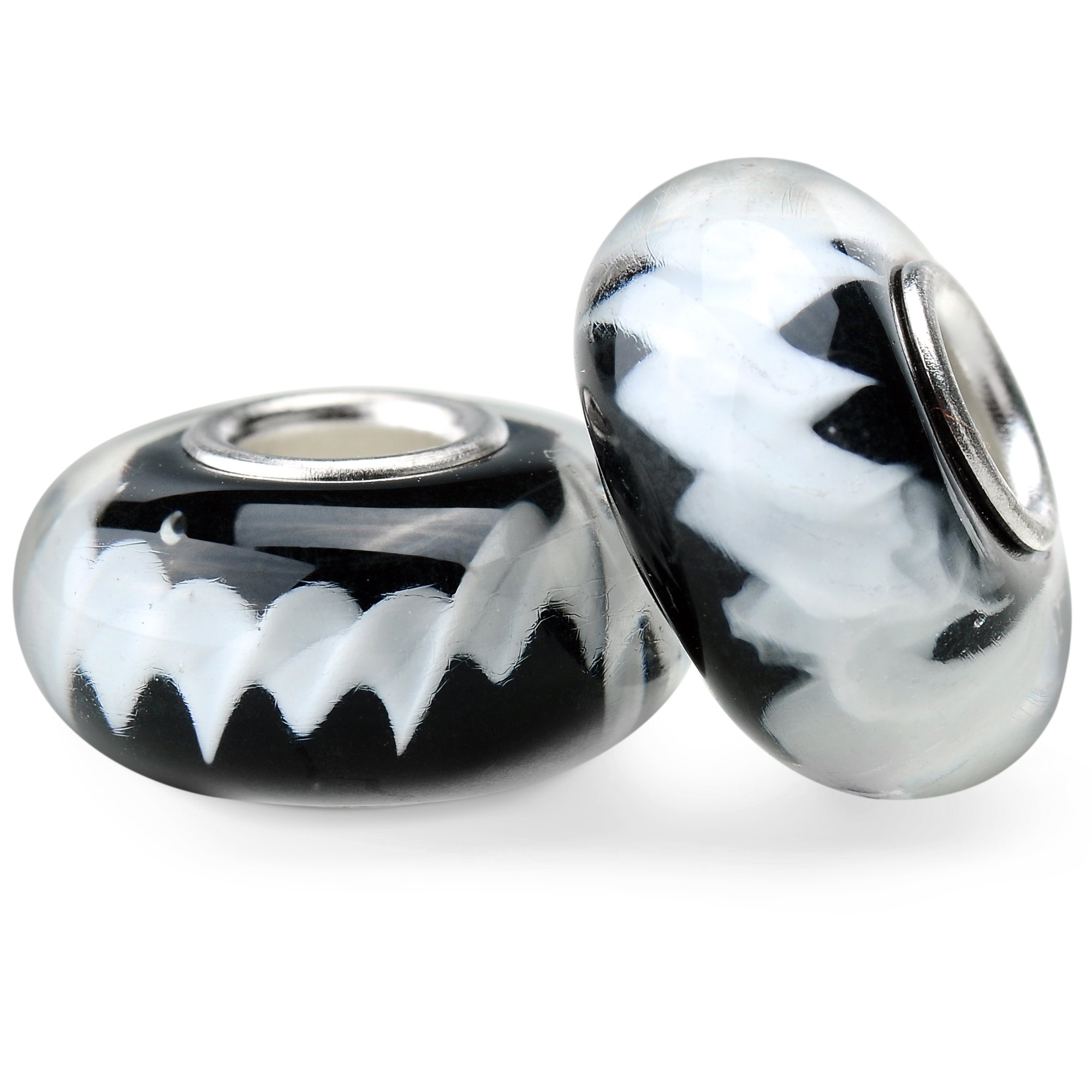 RUBYCA Black and White Murano Glass European Charm Beads Silver Colour Core for Jewellery Making 6pcs