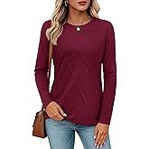 YUCOLEN Long Sleeve Shirts for Women Pleated Crew Neck Cotton T Shirts Solid Color Soft Casual Basic Tees Fall Trendy Tops