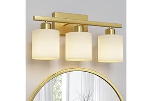 PARTPHONER Bathroom Light Fixtures, Bathroom Lighting Fixtures Over Mirror, Interior Classic Vanity Lights, Modern Vanity Light with Textured White Glass Shade, Brushed Gold, 3-Light