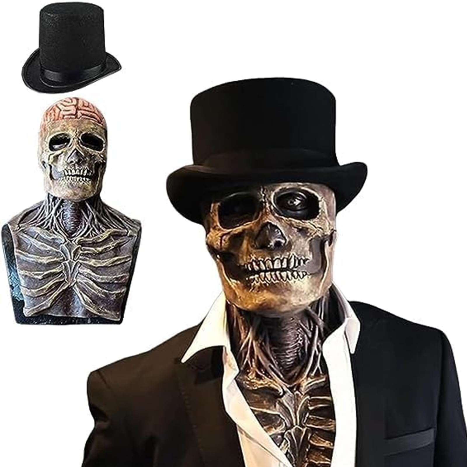 Photo 1 of LittleVoleSherry Halloween Skull Mask Scary Full Head Latex Skeleton Mask Moving Jaw,Creepy Biochemical Bare Brain Mask Halloween Decorations (with Hat)