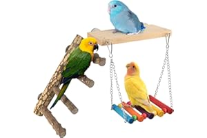 DBNESS 3in1 Bird Perch Toys for Parrots, Wooden Ladder Perch for Cage, Parrot Platform Stand Colourful Swing Hammock Climbing Bridge Exercise Cage Accessories for Budgies Cockatiels Lovebirds Hamster