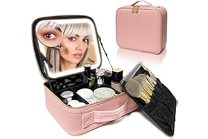 YUSONG Travel Makeup Bag With LED Lighted Mirror, Train Case With Adjustable Dividers and Detachable 10x Magnifying Mirror
