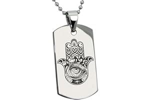 Tioneer Stainless Steel Crescent Hamsa Hand of Fatima Symbol Dog Tag Pendant Necklace