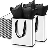 Yeaqee 50 Pack Metallic Gift Bags with Handle and Tissue Paper Gold Foil Thank You Bag for Valentine Wedding 5 Groomsmen Bridal 5 Senses Gifts Holiday Party Favors 9x7x3.15''(White Black)