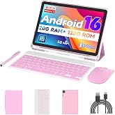 Android 16 Tablet 10 inch Tablets, 20GB RAM 128GB ROM 2TB Expandable, 2.0GHz Octa-core Processor, 2 in 1 Tablet with Keyboard Case Stylus Mouse, 5G WiFi6, BT 5.0, 6000mAh, Widevine L1, GMS, Pink