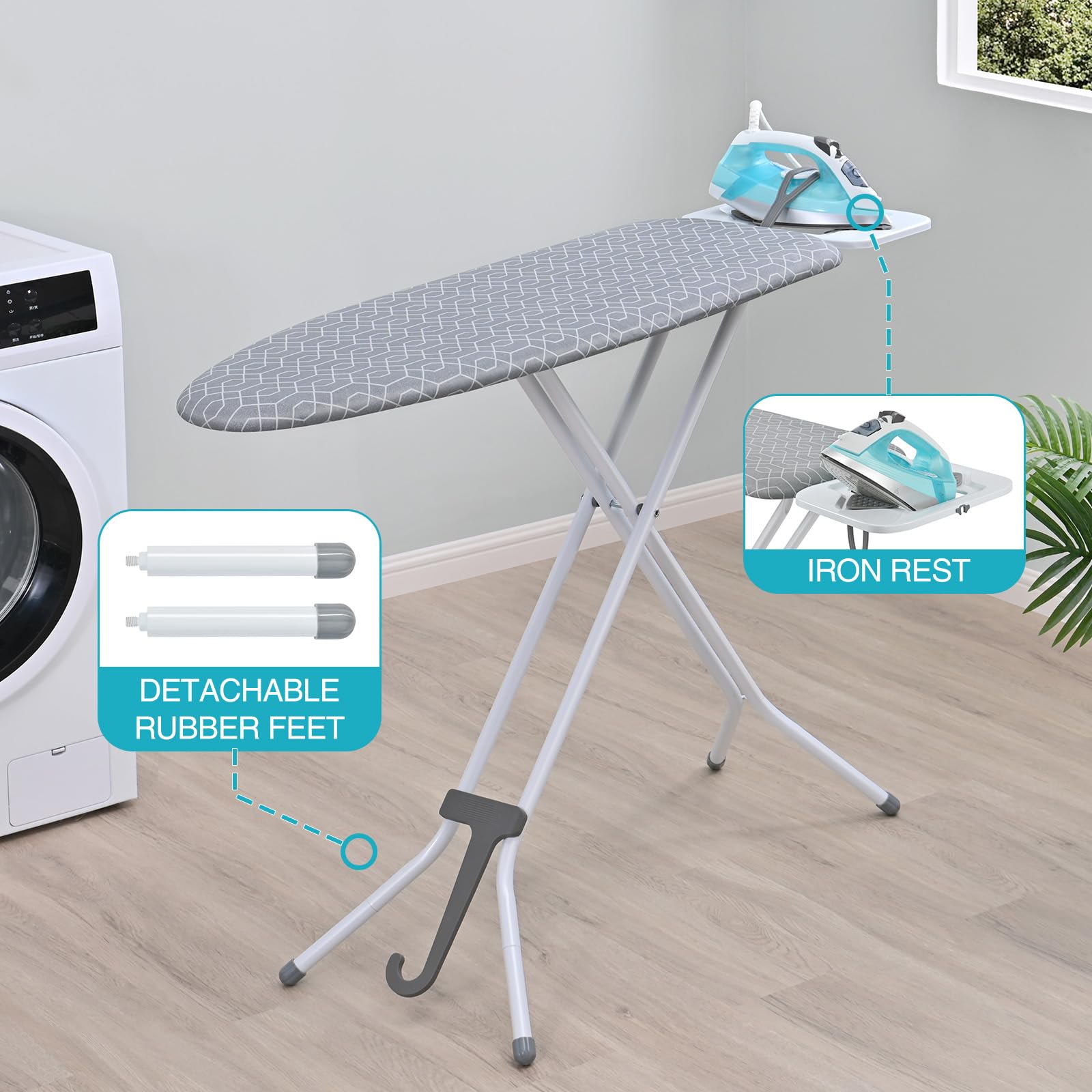 APEXCHASER Ironing Board, Portable Iron Board with Iron Rest, Heat & Scorch Resistant Fabric, Detachable Hook and Rubber Feet,7 Adjustable Heights, Heavy Duty Ironing Board for Home or Dorm Use,Grey