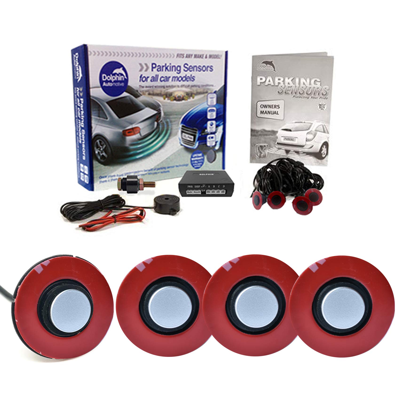 Dolphin Automotive DFM400 Reverse Parking Sensors Flush Mount OEM Style 4 Ultrasonic Radar Sensor Kit Audio Alert System - Silver