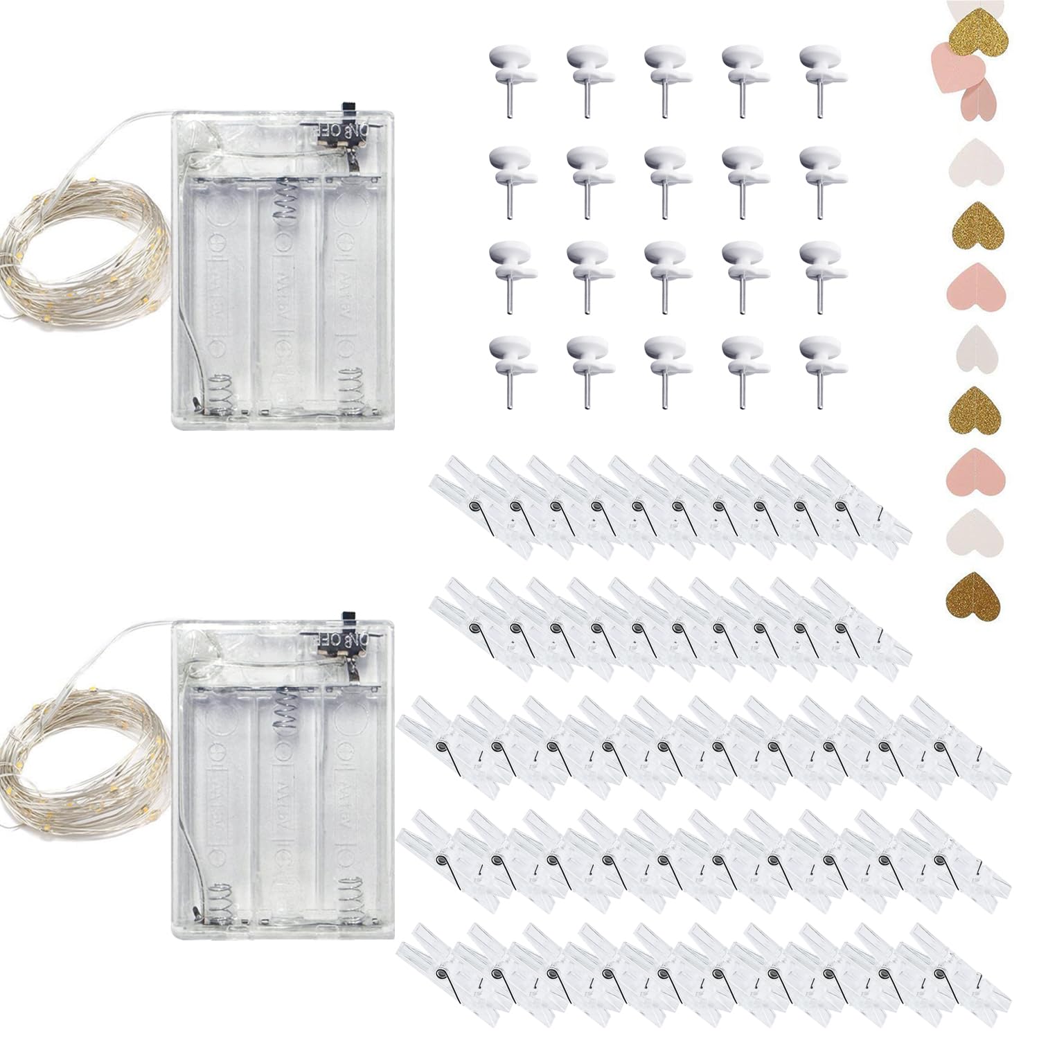 GVSAVY 2 Photo String Lights, 5M Warm White LED, Indoor & Outdoor, 50 Photo Clips, 20 Non-Marking Nails, 1 Love String Flag, DIY Handmade Decoration, Suitable for Weddings, Holiday Parties