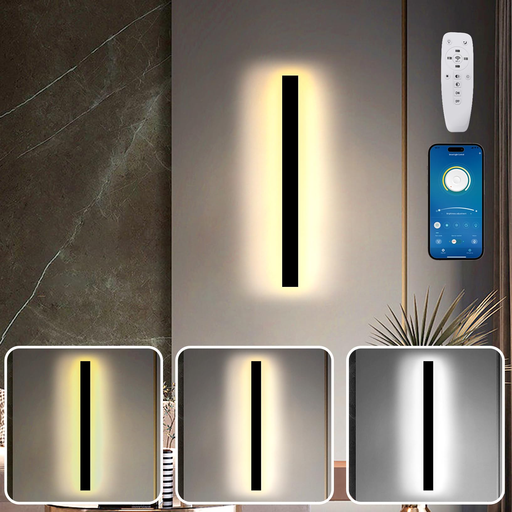 SUCIKORIO LED Wall Lights Long Strip 60cm, Modern 3000-6500K Dimmable 5%-100% Wall Sconce Lights Long Indoor 24W Led Wall Lights with APP and Remote Control for Bedroom, Living Room