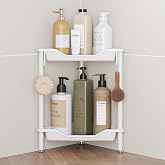 Orimade Rustproof 2 Tier Floor Standing Corner Shower Caddy Organizer, Plastic Aluminum Splicing Floor Corner Shelf Rack Stands for Bathroom, White
