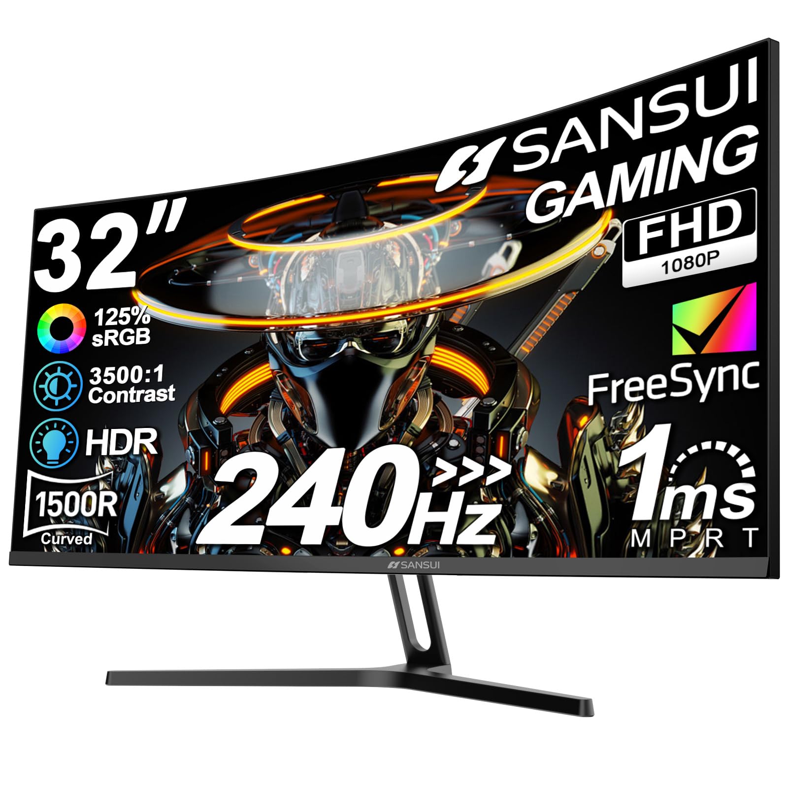 Photo 1 of * MAJOR DAMAGE TO SCREEN, DOES NOT FUNCTION * SANSUI 32 Inch Curved 240Hz Gaming Monitor High Refresh Rate, FHD 1080P Gaming PC Monitor HDMI DP1.4, Curved 1500R, 1Ms MPRT, HDR,Metal Stand,VESA Compatible(DP Cable Incl.)
