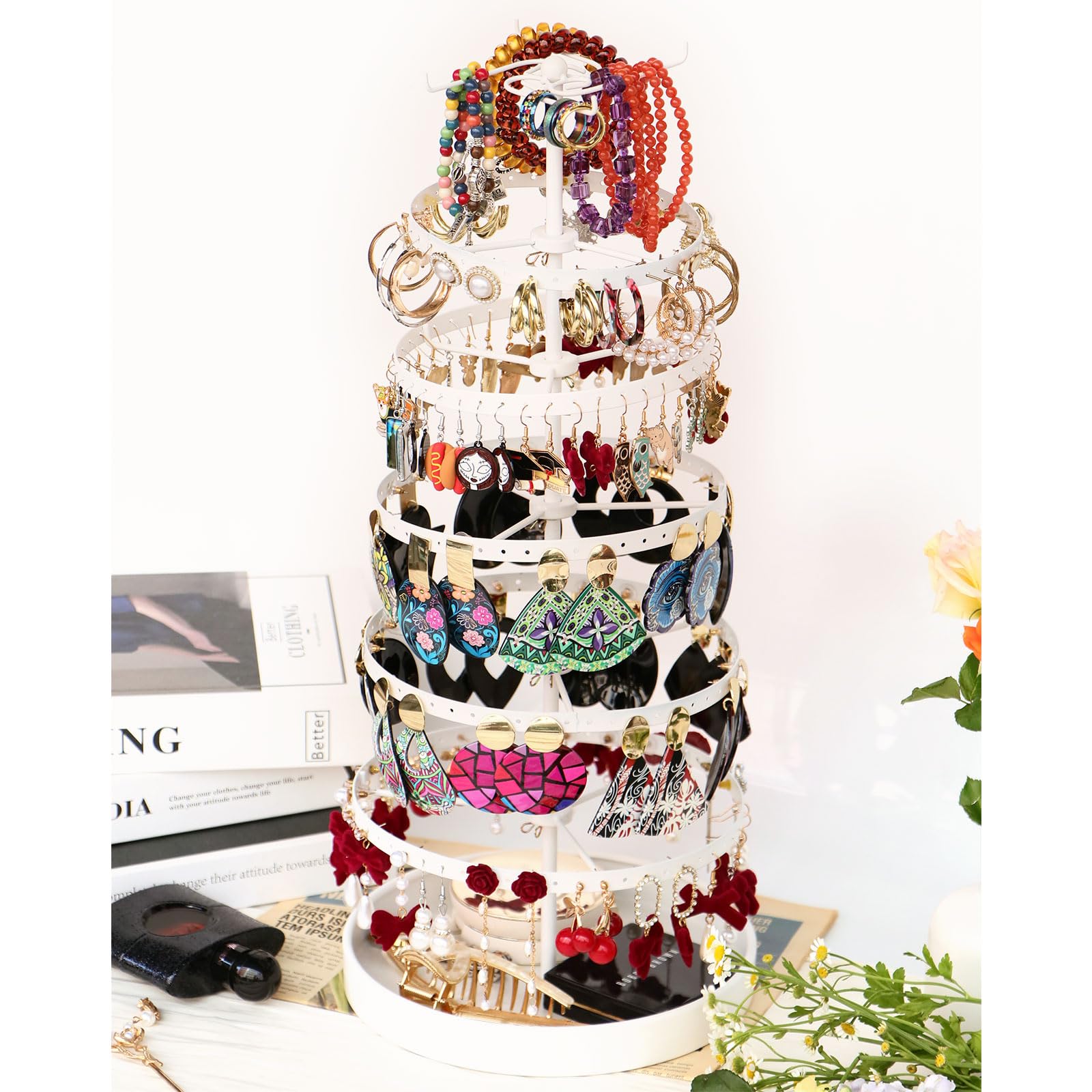 Photo 1 of 17Dec 6 Tier Rotating Jewelry Organizer Stand, 230 Holes Earring Holder Organizer for Women Girls, Spinning Earring Tree with Ring Holder, Wide Base for Bracelets Watches Lipstick