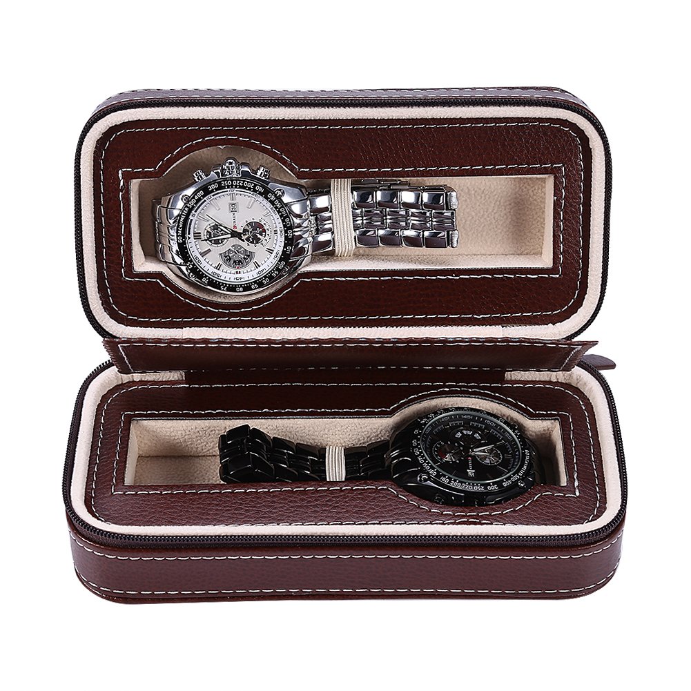 Portable Watch Organizer, Watch Box with 2 Slots Jewelry Watch Display Stand - Travel Watch Storage Case Leatherette Zippered Storage Box