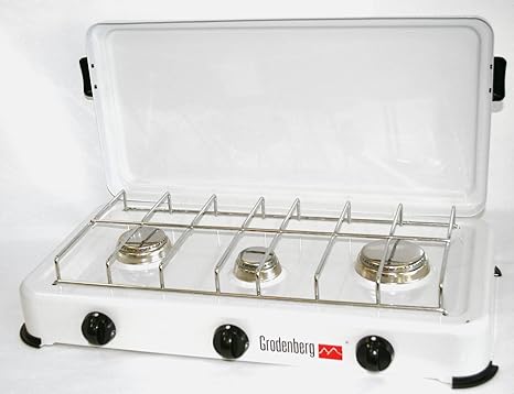 Grodenberg Campingkocher 3 - flammig 50 mbar weiß inkl. Schlauch & Regler