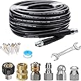 WEST BAY Sewer Jetter Kit 25 FT for Pressure Washer, 5800 PSI Drain Cleaner Hose 1/4 Inch NPT Corner Rotating and Button Nose Sewer Jetting Nozzle Spanner WatertightTape Pearl Corsage Pin