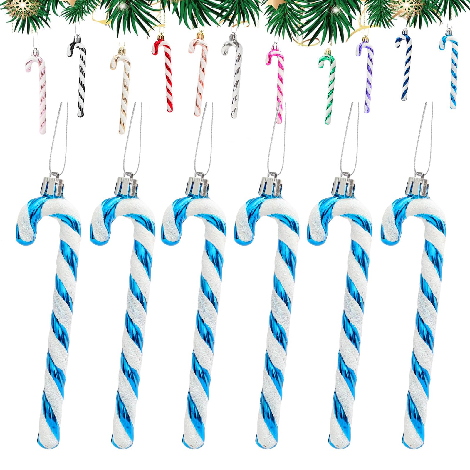 ATBEAMEN 6pcs Lakeblue & White Plastic Candy Cane Christmas Tree Decorations, 13cm, Glitter Candy Cane, Tree Hanging Decorations for Xmas