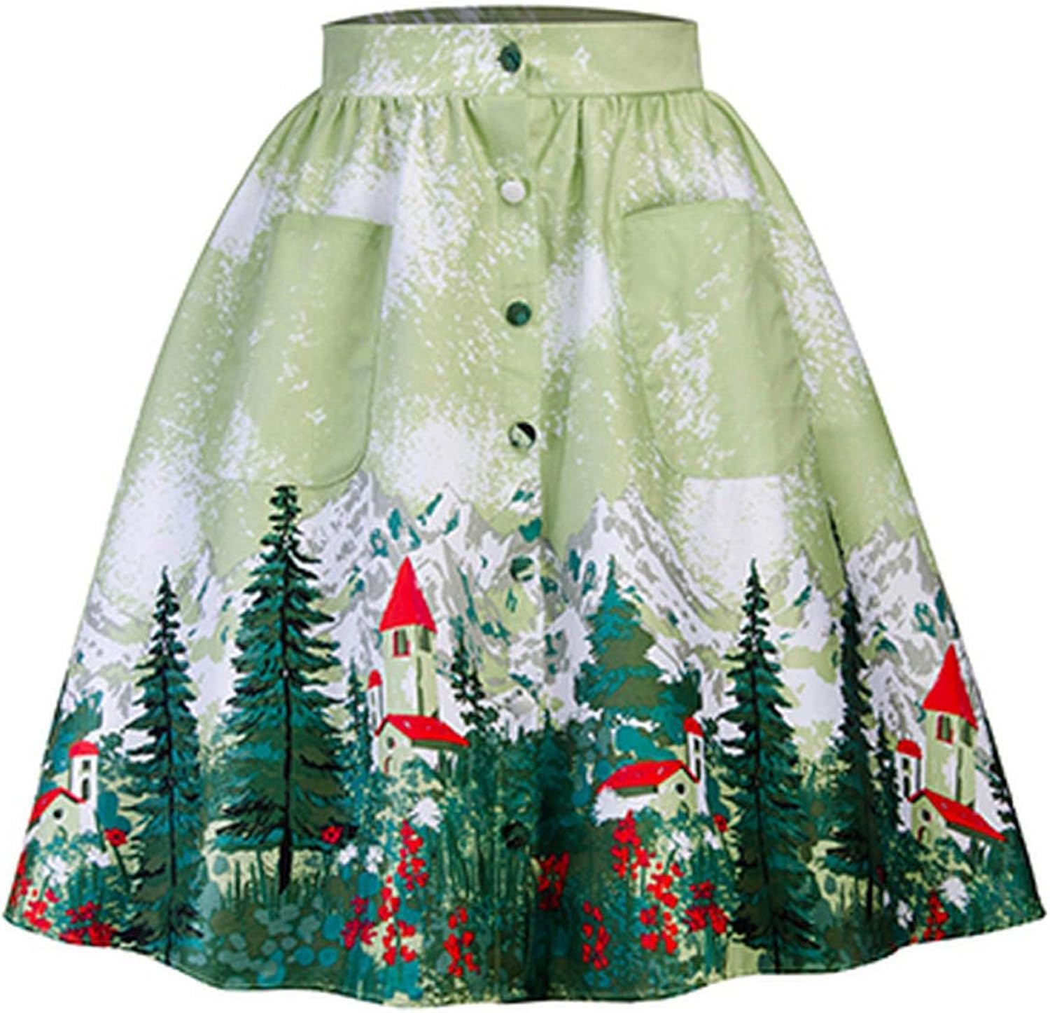 whocare Christmas Women Skirt Tree Printed Retro Vintage 50S 60S