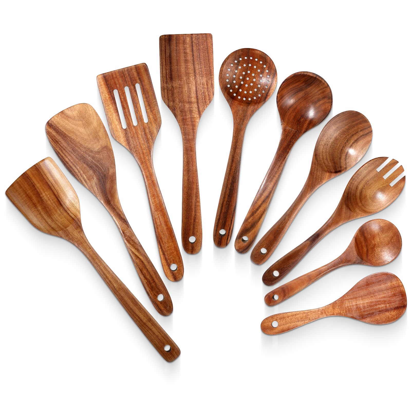 Photo 1 of 10 Pcs Wooden Cooking Utensils Set, Natural Teak Wood Spatula, Slotted Spatula, Soup Ladle, Spaghetti Spoon, Strainer Spoon, Salad Fork and Mixing Spoons for Kitchen, Non Stick & Heat Resistant Design