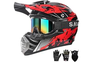CUTEY Youth Kids Motocross Helmet, Adult ATV Dirt Bike Helmet, Off-Road BMX 4-Wheeler Full Face Motorcycle Helmet W/Goggles Gloves & Mask, DOT Approved, Red Camo, M