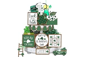 Sunnychicc 16 Pcs St. Patrick's Day Tiered Tray Decor Irish Wooden Signs Wooden Decorative Trays Farmhouse Lucky Shamrock Truck Wooden Sign Tiered Trays for Kitchen Bar Decoration (Bright Style)