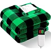Electric Heated Sherpa Buffalo Plaid Christmas Throw Blanket with 8 Heating Levels & 8 Hours Auto Off, Fast Heating Warm Plush Washable Blanket with Over-Heat Protection, ETL Certification, Green