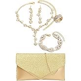 5 Pcs Purse Rhinestone Jewelry Set, RhinestoneClutch Purse Bride Prom Evening Rhinestone Jewelry Set Bling Necklace Earrings Bracelets Set for Wedding, Gold/Silver