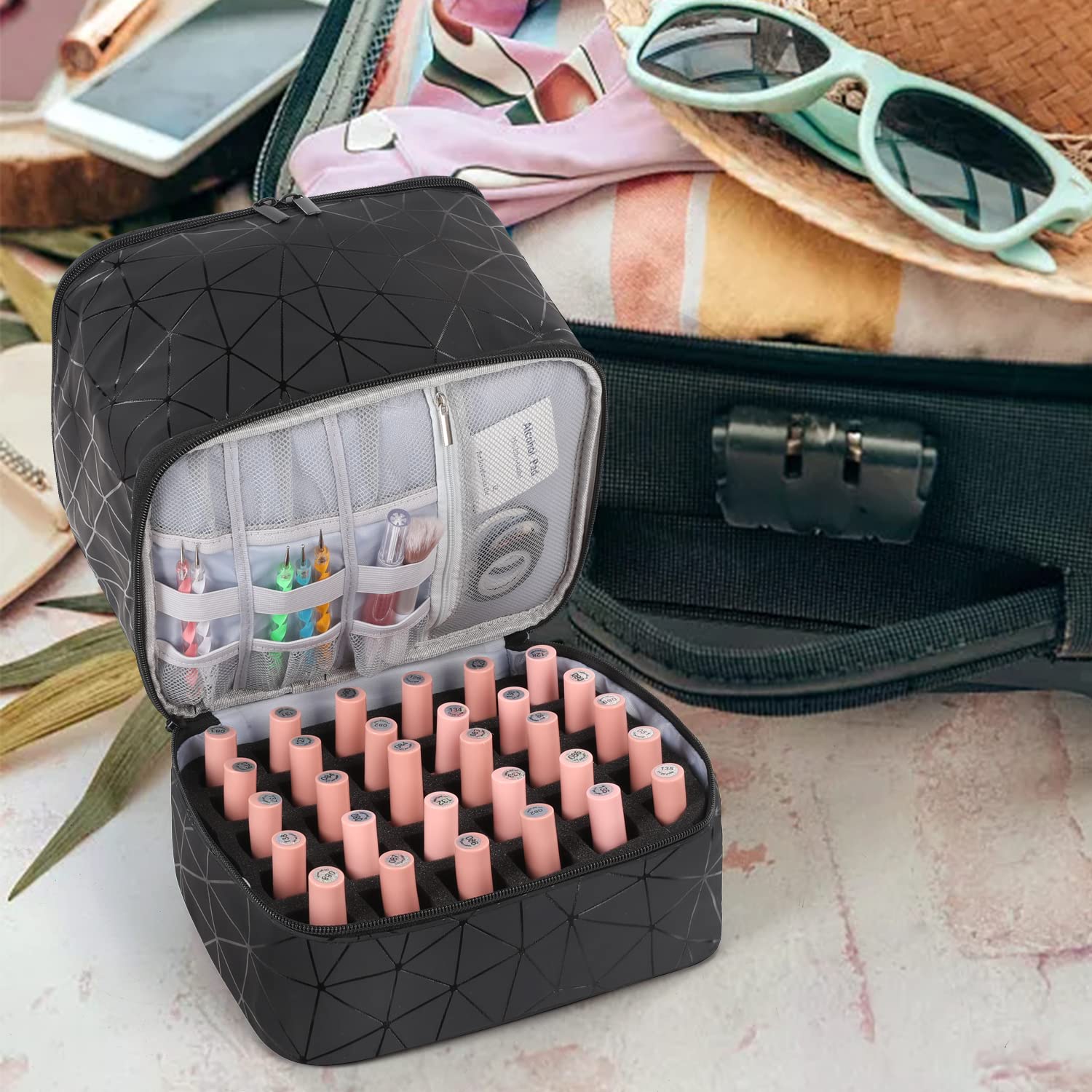 AGX Bravo Nail Polish Storage Organizer Double Layer Gel Nail Polish Bag for Nail Dryer UV Light Carrying Case Holds 30 Bottles Travel Portable Compartment Bag for Manicure Supplies, Black (BAG ONLY)