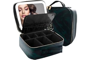 MOMIRA Makeup Bag with Mirror and Light Travel Makeup Train Case Cosmetic Organizer Portable Artist Storage Bag with Adjustable Dividers Makeup Brushes Storage Organizer Zebra-Green