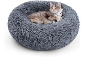 rabbitgoo Cat Beds for Indoor Cats, 20 inches Cat Bed Machine Washable, Fluffy Round Pet Bed Non-Slip, Calming Soft Plush Donut Cuddler Cushion Self Warming for Small Dogs Kittens, Dark Grey, Medium