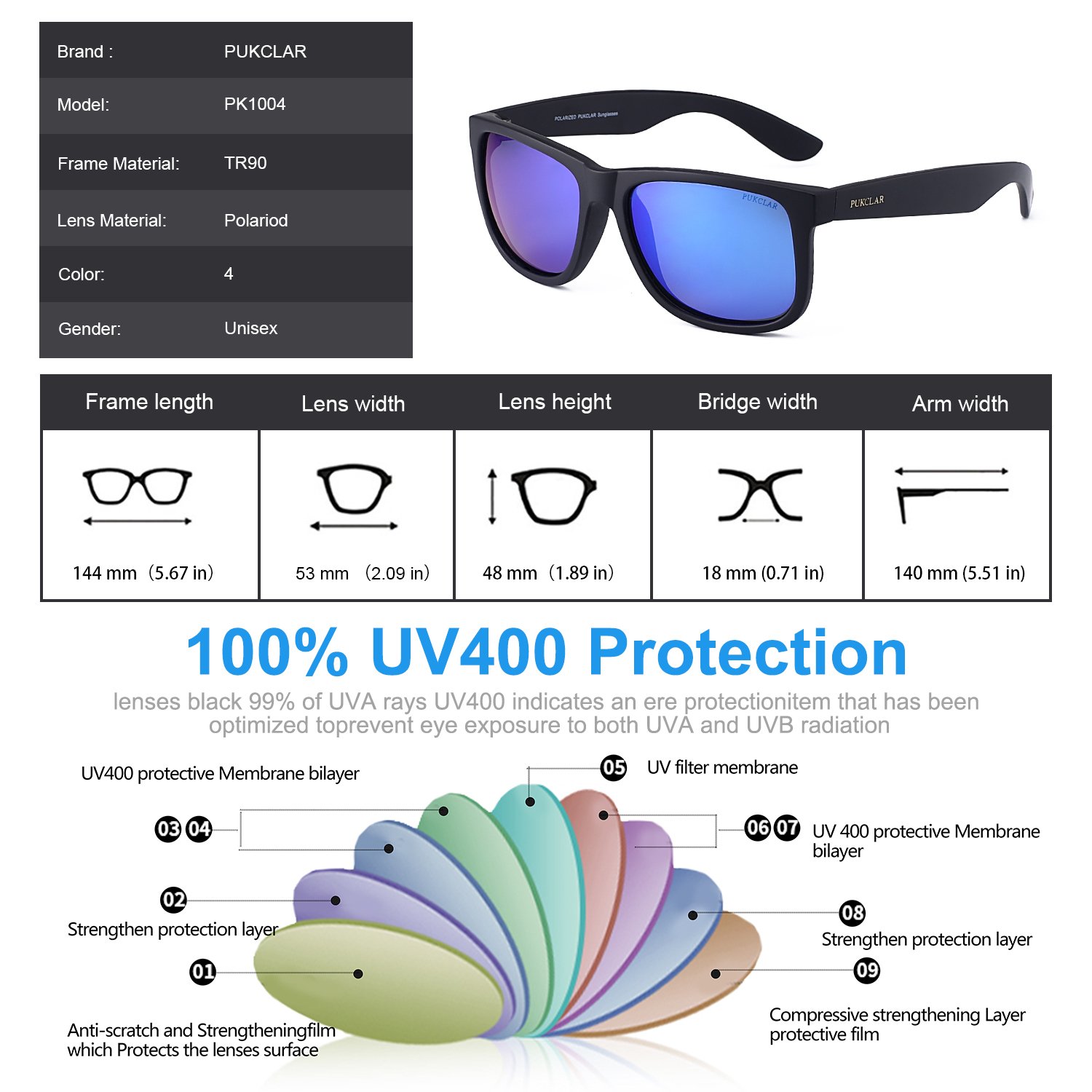 PUKCLAR Retro Polarized Wayfarer Sunglasses Classic UV400 Protection Sunglasses for Men Women Ultra Light pk1004