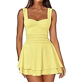 IWD Women's Square Neck Sleeveless Mini Dress Ruched Waist Tiered Ruffle Hem A Line Short Dresses