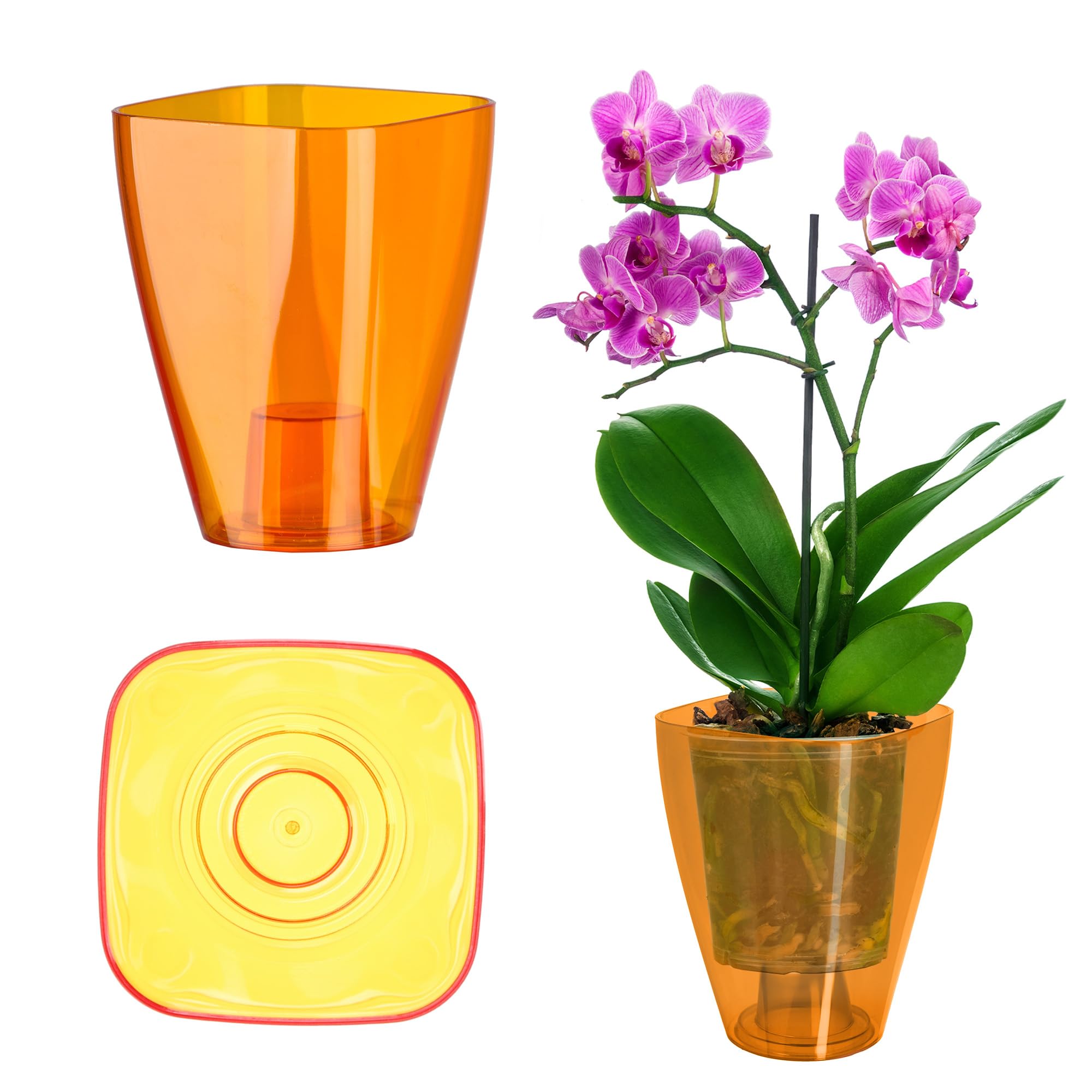 KADAX Orchid Pot, Plastic Flowerpot in Several Colours, Lightweight Plant Pot in Multiple Sizes, Elegant Pot for Living Room, Office and Bedroom (⌀12 cm, Square, Orange)