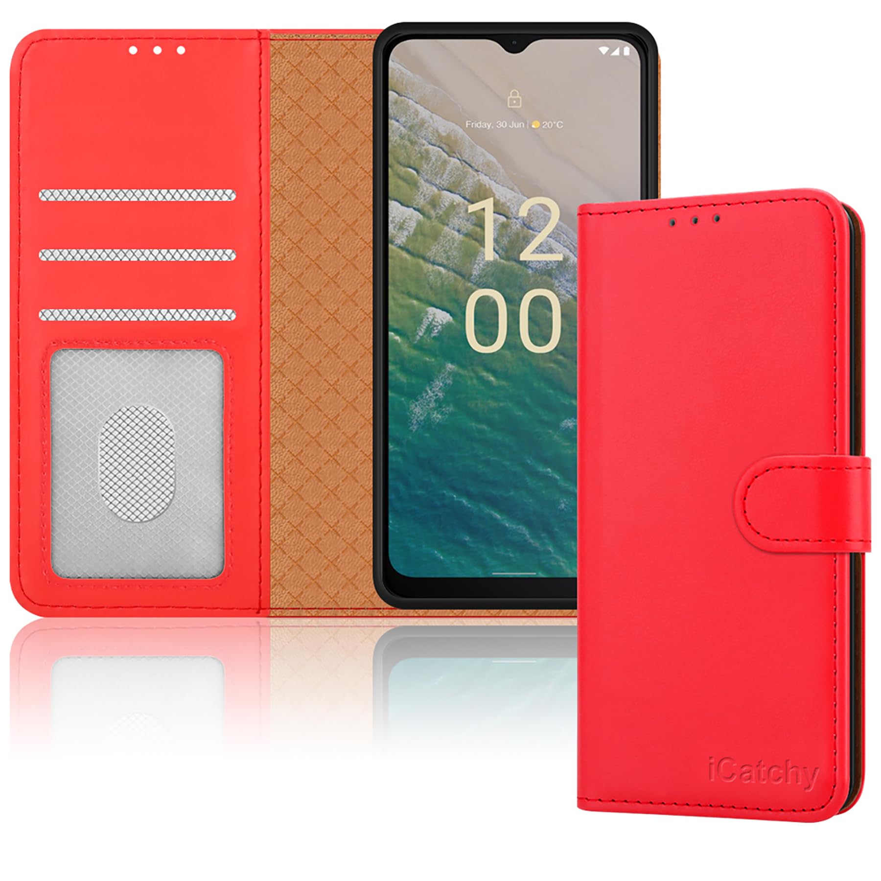 iCatchy for Nokia C32 Case Leather Wallet Book Flip Folio Stand View Magnetic Protect RFID Blocking Cover compatible with Nokia C32 4G (Red)
