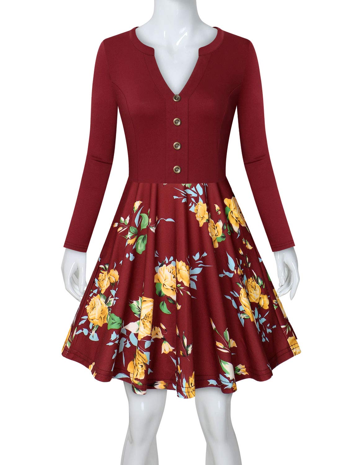 Diphi LiLi Dresses for Women, Ladies Classy 1950s Vintage Dresses V-Neck Loose Fit and Flare Fall Work Dresses for Women Chrysanthemum Yellow XX-Large