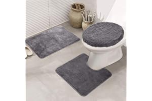 MIFXIN Bathroom Rug Set 3 Piece Shaggy Soft Non-Slip Bath Mats Solid Color Rectangular Floor Mat, U-Shaped Area Rug, Toilet Lid Cover (Grey)