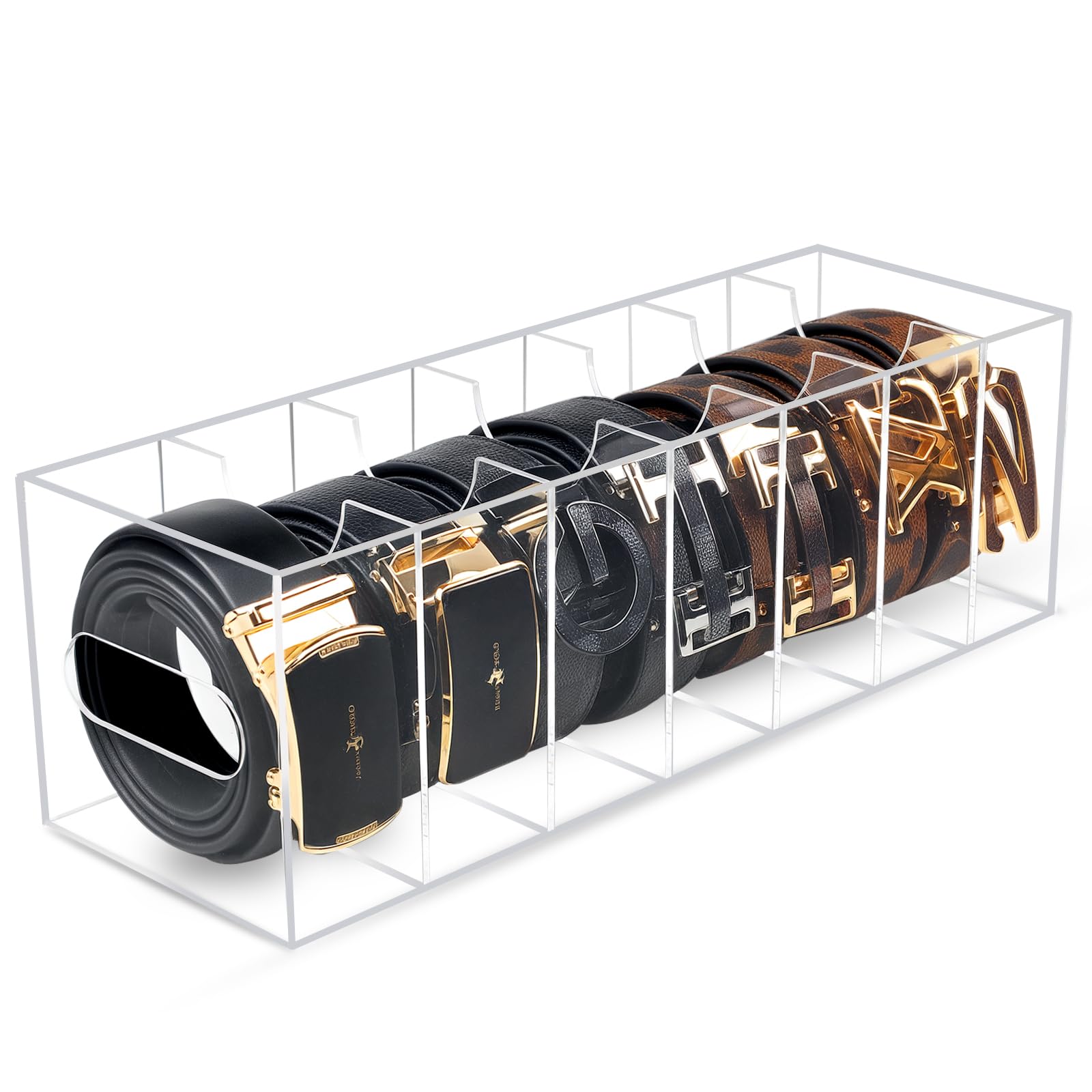 Photo 1 of Belt Organizer With Dust cover, Acrylic 7 Compartments Belt Container Storage Box , Multi-Purpose Transparent Belt Display Box, Belt Storage Case, Suitable Closets, Wardrobes, Drawers bracelet Jewelry