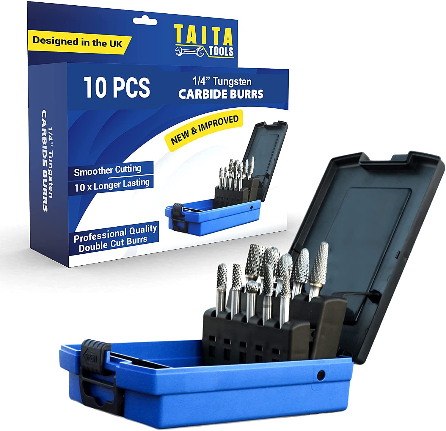 10pc Carbide Burr Set 1/4" Shank Tungsten Double Cut Rotary Die Grinder Bits - Cutting Burrs for Most Drills and Die Grinding Accessories - Wood Carving Metal Working & Sturdy Storage Case