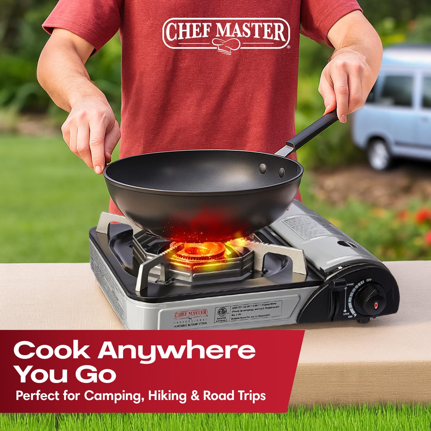 Chef-Master 90011 Butane Countertop Stove, 10 000 BTU Portable with Carry Case, High Performance, Piezo Ignition, Brass Burner, Safety Stop