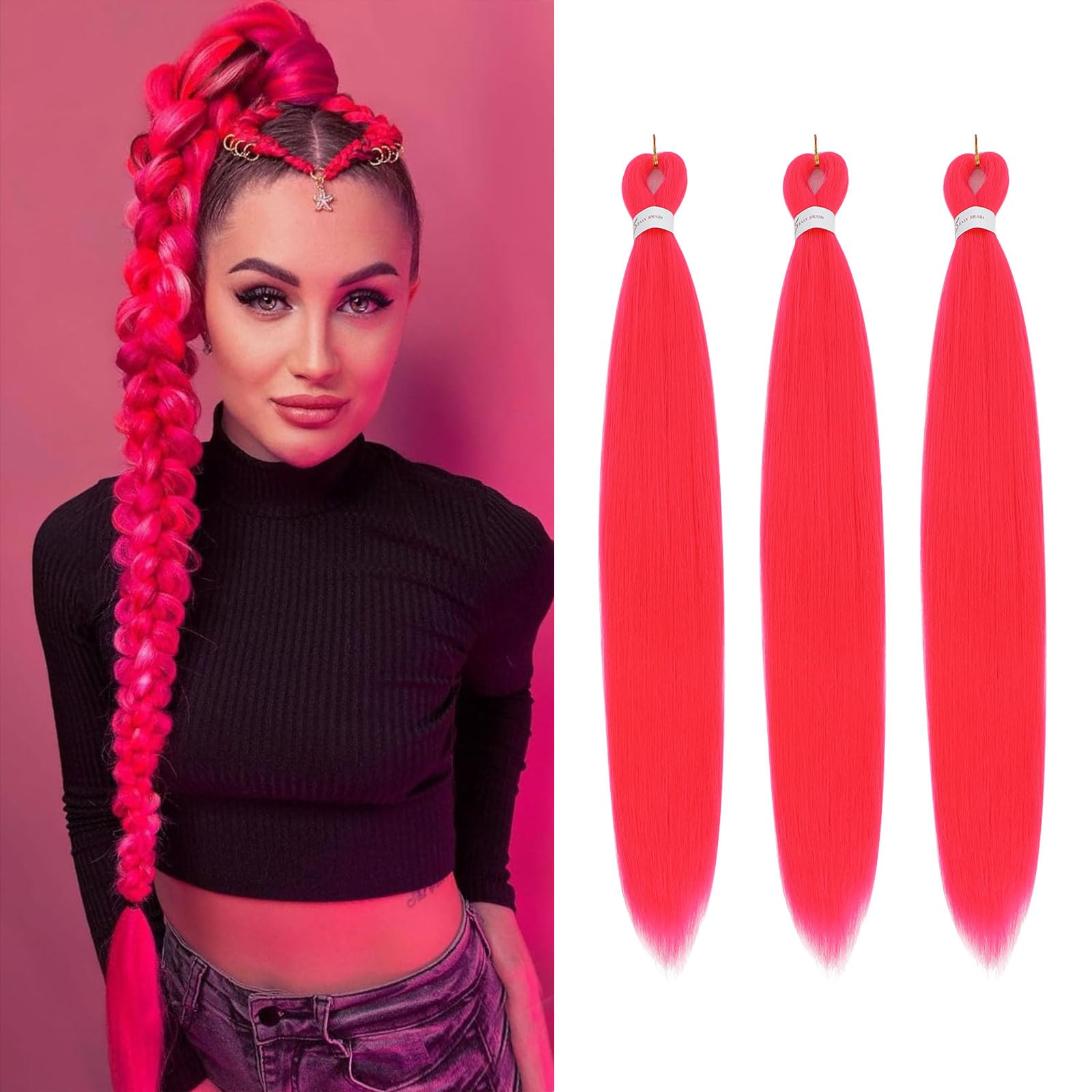 Easy Braid Pre stretched Braiding Hair Extensions - 26 Inch 3Packs Braiding Hair Soft Yaki Texture Crochet Synthetic Hair for Woman Hot Water Setting Crochet Braiding Hair Extensions (Purplish Red#) — image 1