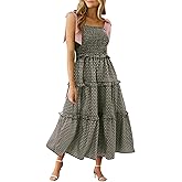 Wenrine Womens Summer Floral Maxi Dress Smocked Tie Shoulder Boho Sleeveless Ruffle Tiered Casual Beach Dresses
